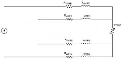 El método de cableado del Pt100 de tres hilos excitado por una fuente de corriente constante.