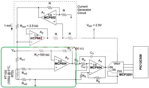 Circuito de cableado del sensor de resistencia de platino de 4 hilos