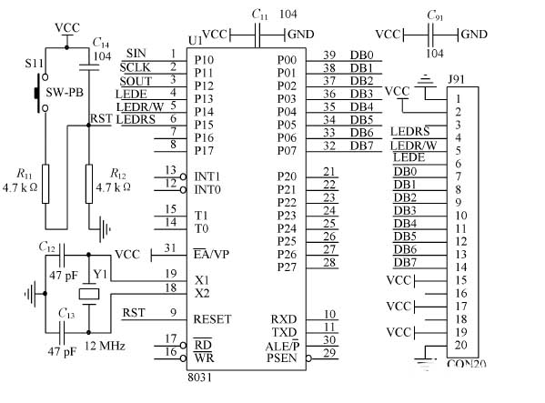 Microcontroller and LCD interface circuit diagram