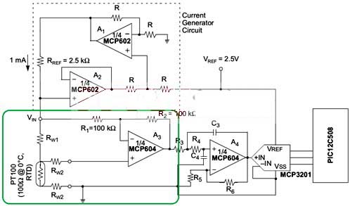 The wiring method of the three-wire Pt100 excited by a constant current source.