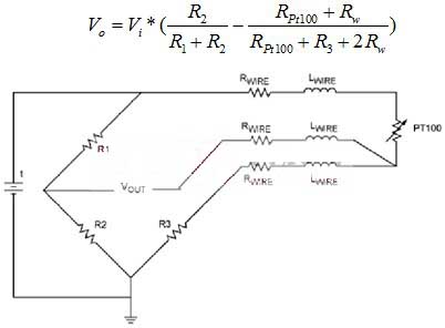 Three-wire Pt100 Wheatstone bridge wiring method