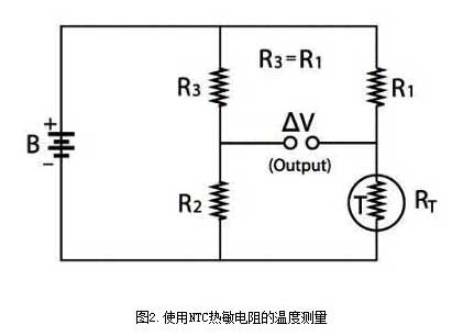 Diagrama de circuito de puente de CC simple con medición de temperatura de termistor ntc